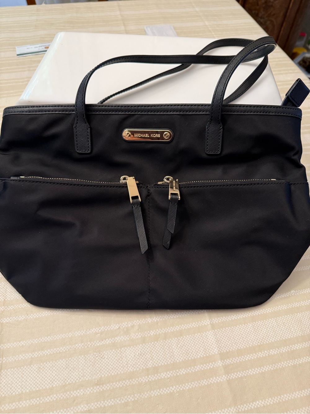 Michael Kors Black Nylon Tote Bag with Gold Hardware-measuring 10 x 14 x 5”